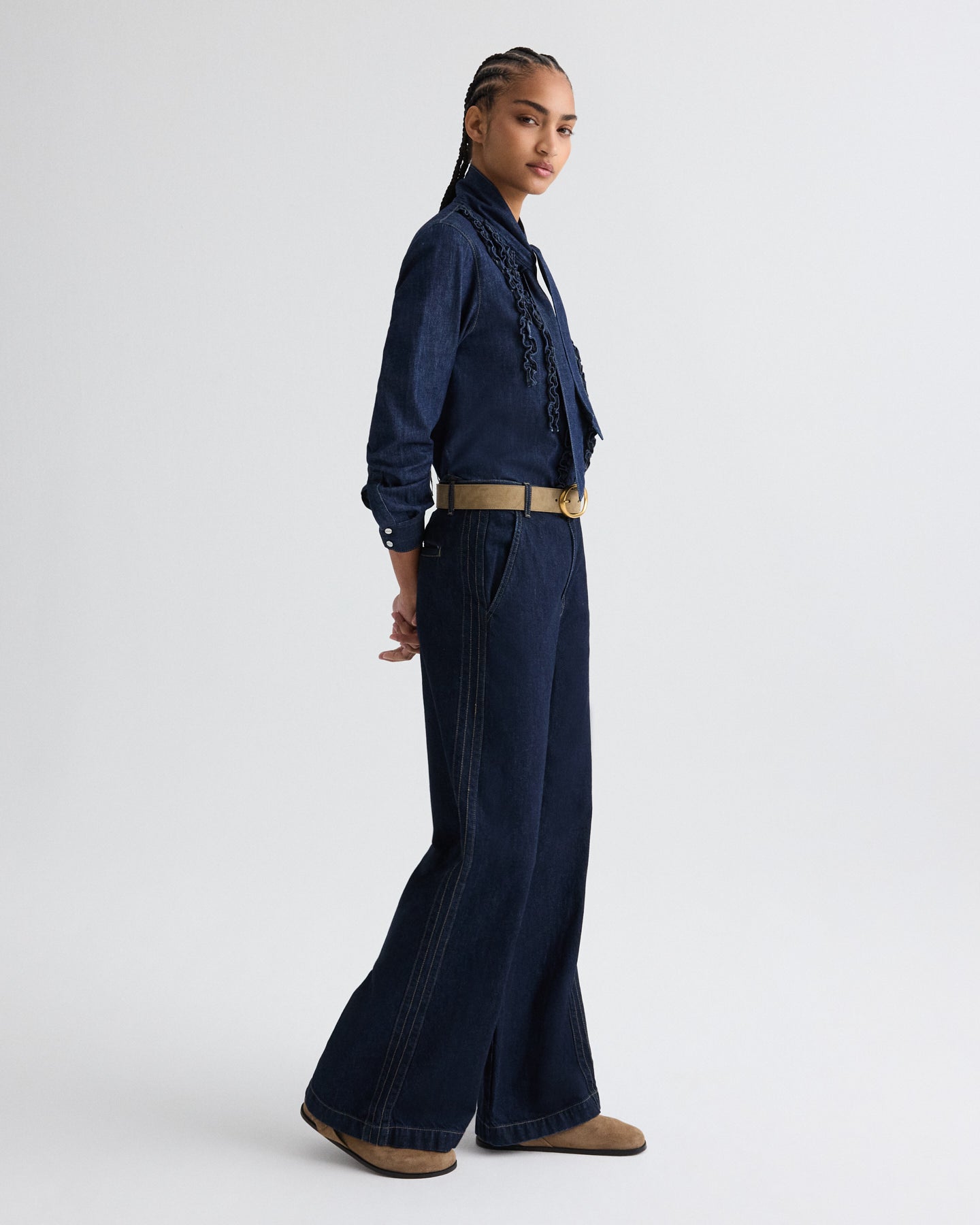 TWP Indigo resin Connor Top in Denim Shirting view 4