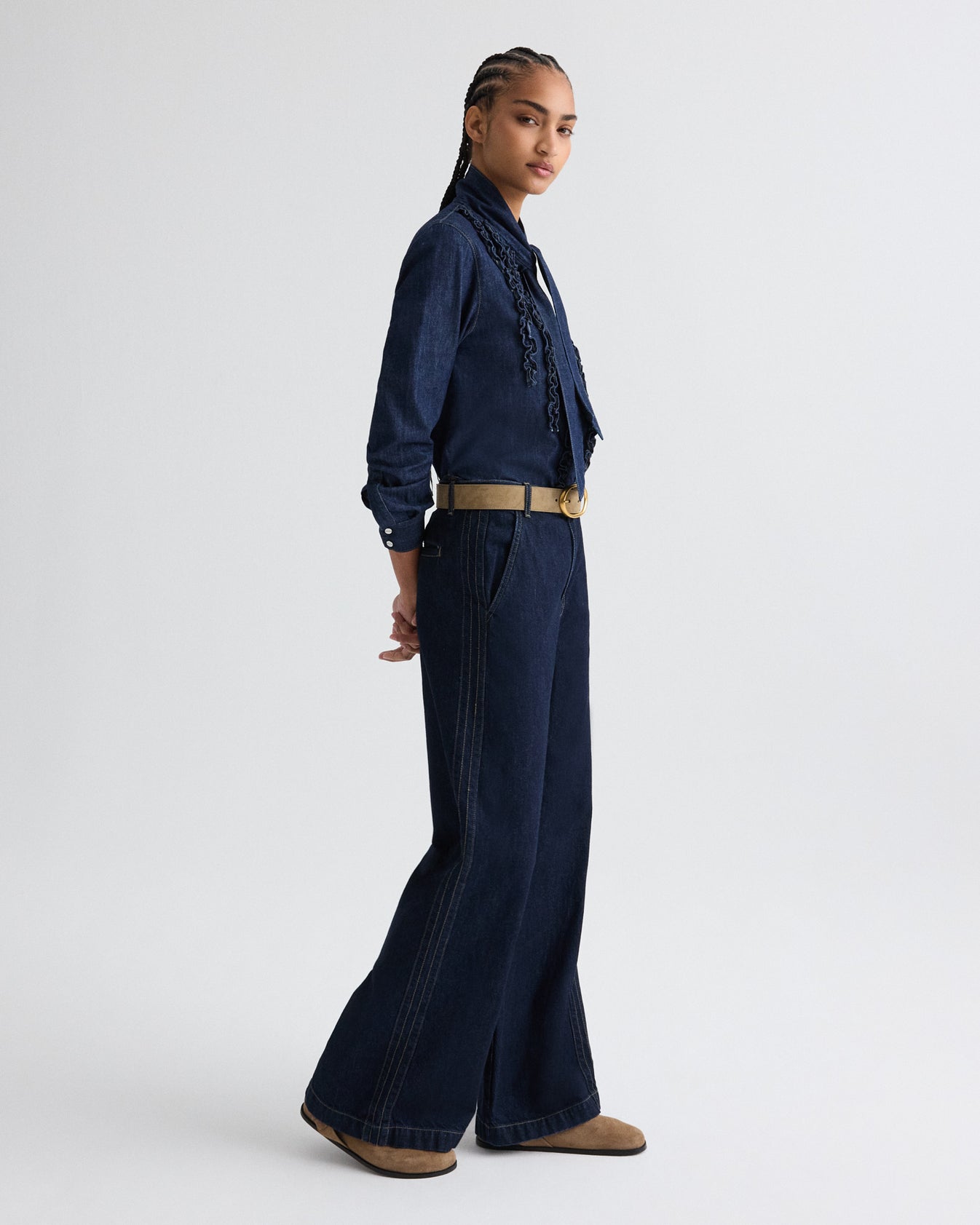 TWP Indigo resin Connor Top in Denim Shirting view 4