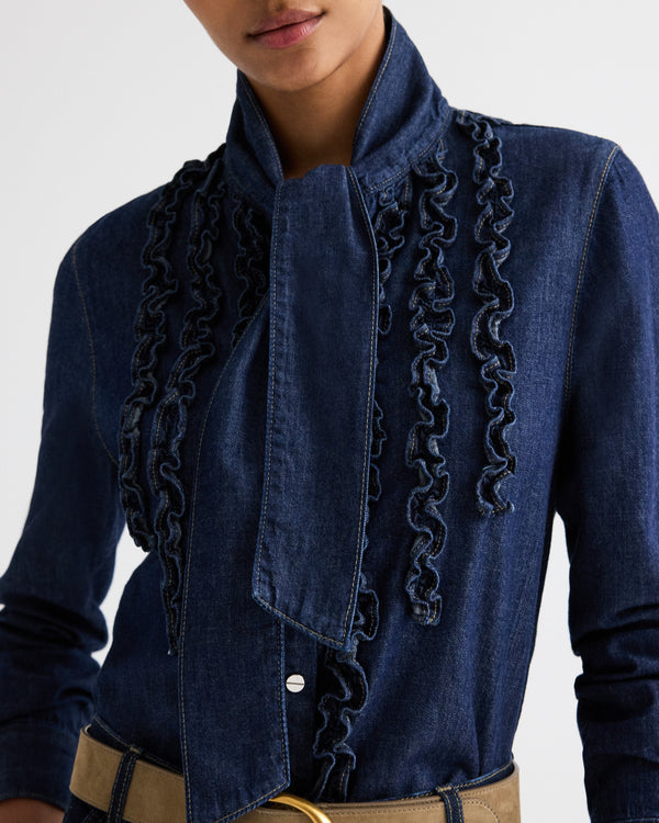 TWP Indigo resin Connor Top in Denim Shirting view 2