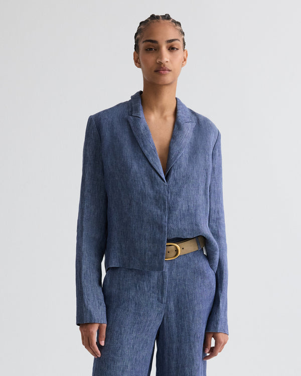 TWP Medium indigo Lucy Top in Lightweight Washed Hemp Denim view 1