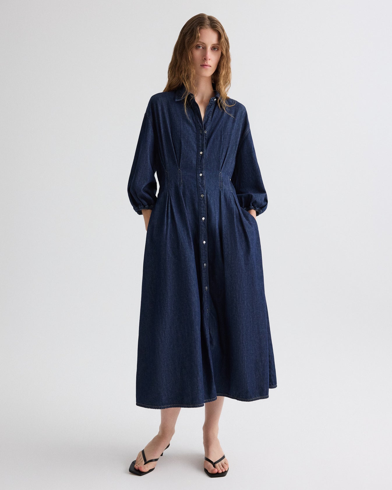 TWP Indigo resin Mason Dress in Denim Shirting view 1