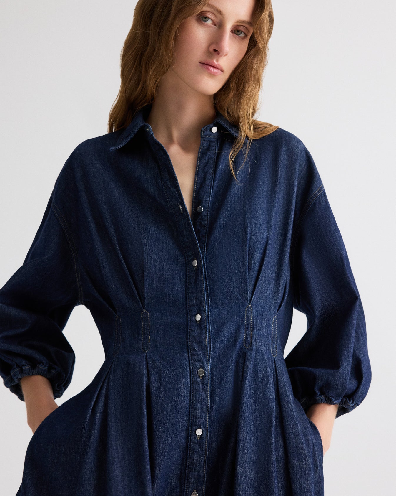TWP Indigo resin Mason Dress in Denim Shirting view 2