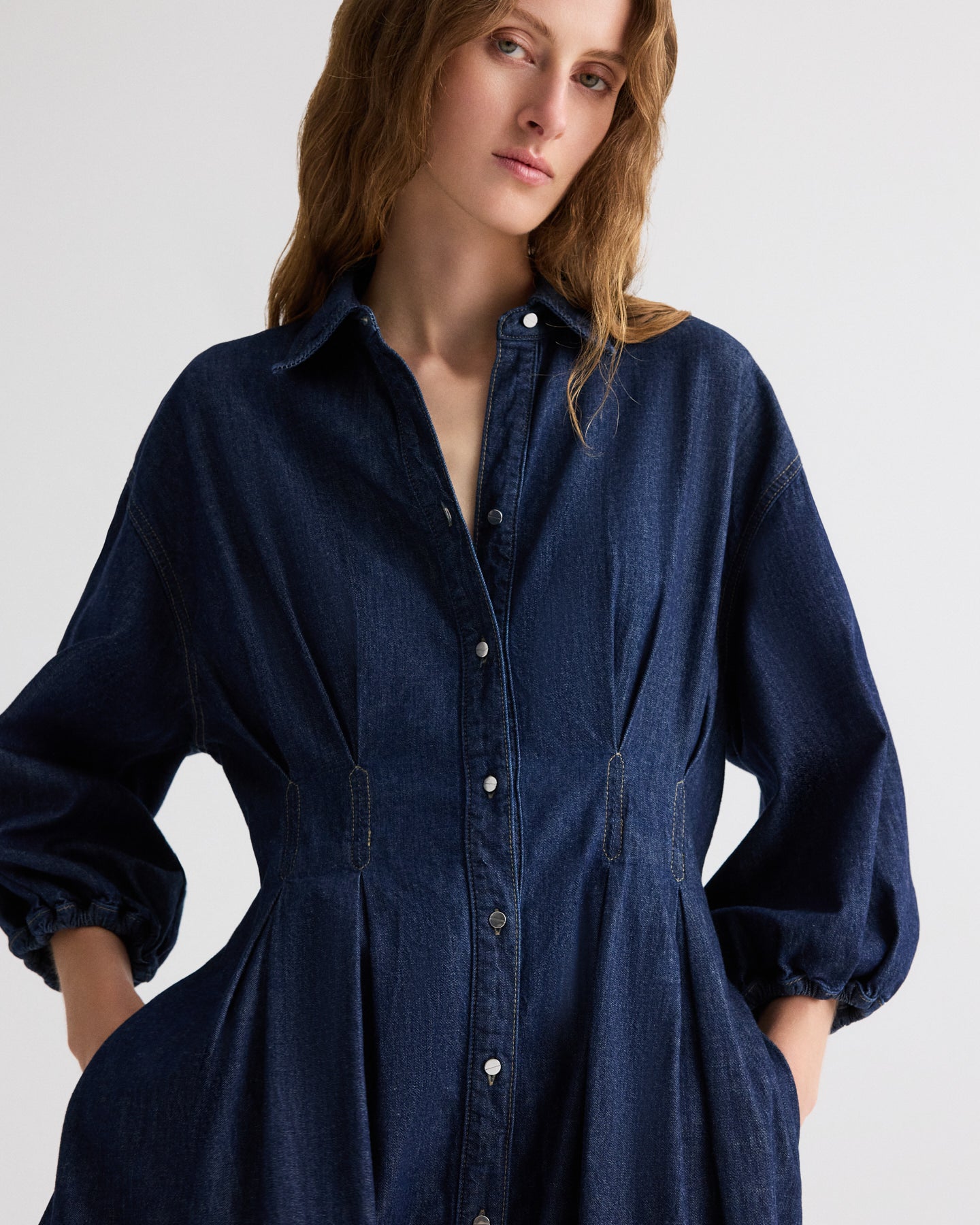 TWP Indigo resin Mason Dress in Denim Shirting view 2