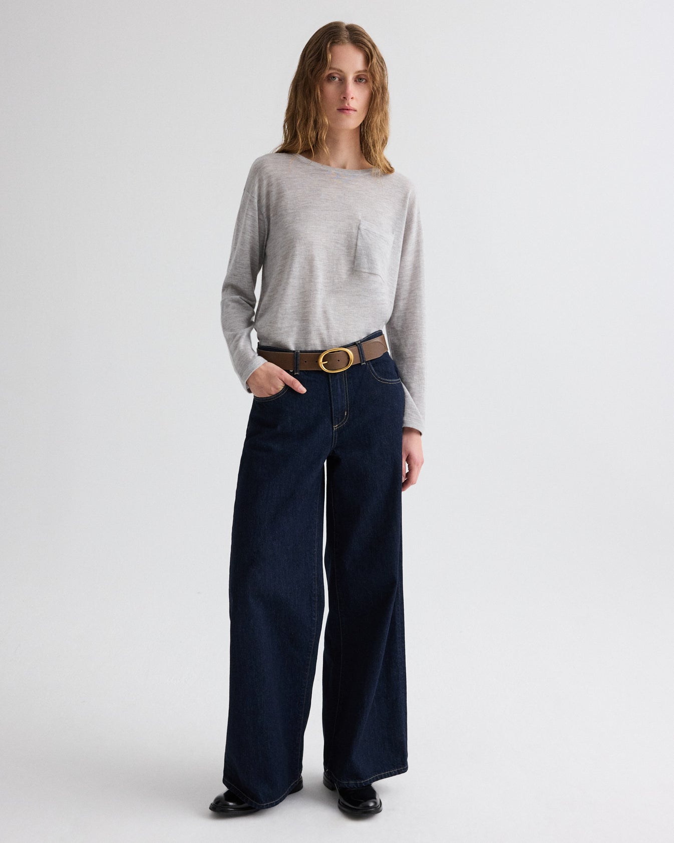 TWP Light heather grey Long Sleeve True Crewneck in Superfine Cashmere view 3