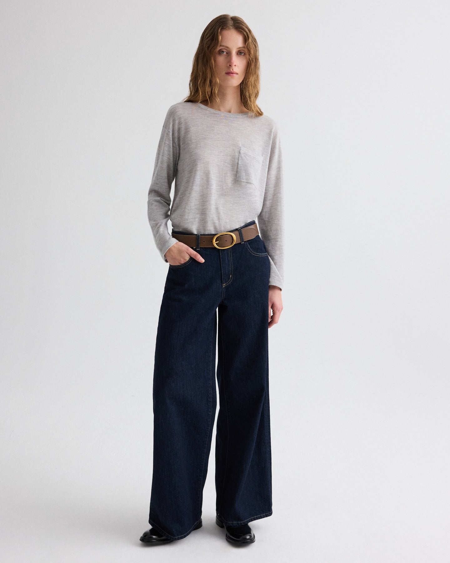 TWP Light heather grey Long Sleeve True Crewneck in Superfine Cashmere view 3