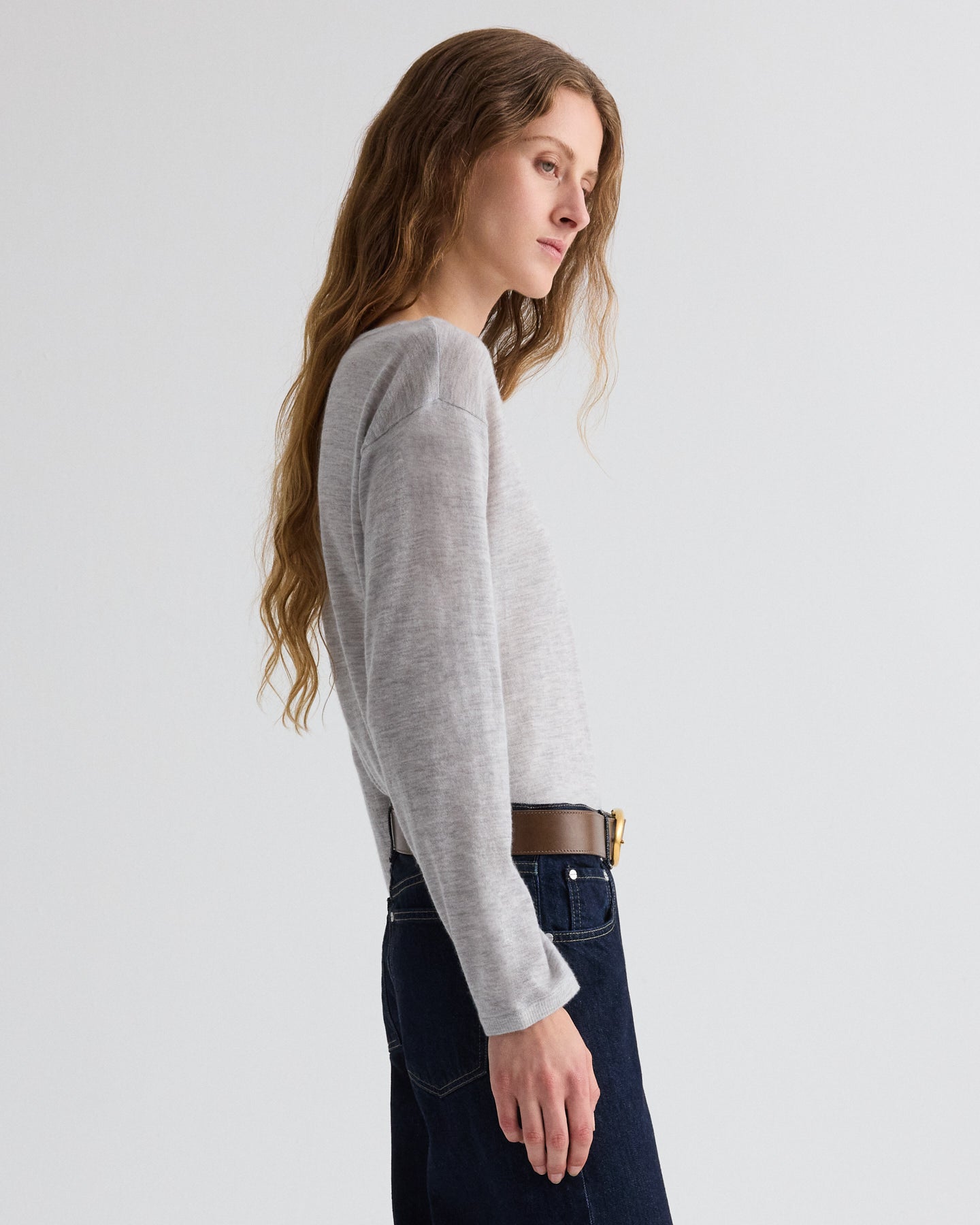 TWP Light heather grey Long Sleeve True Crewneck in Superfine Cashmere view 4