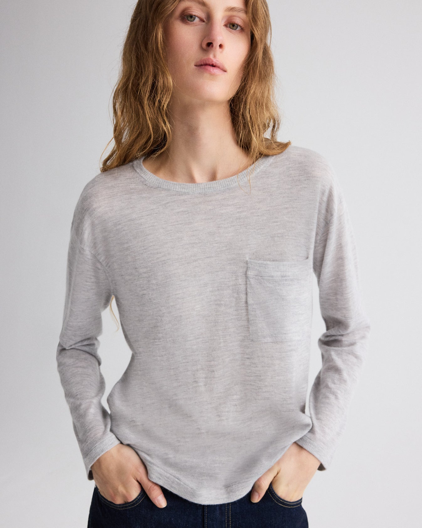 TWP Light heather grey Long Sleeve True Crewneck in Superfine Cashmere view 2