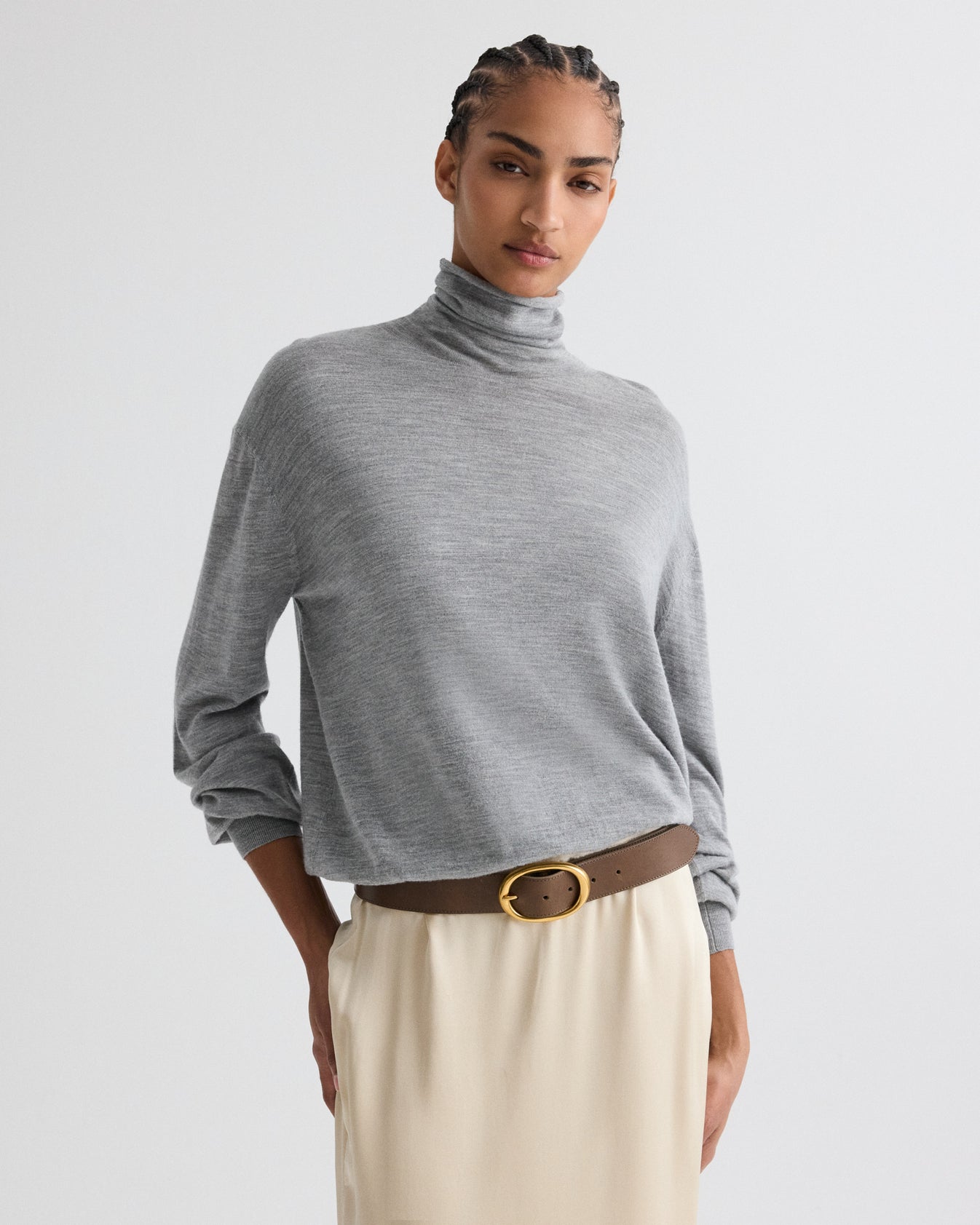 TWP Medium heather grey Easy Turtle Sweater in Fine Wool Silk view 2