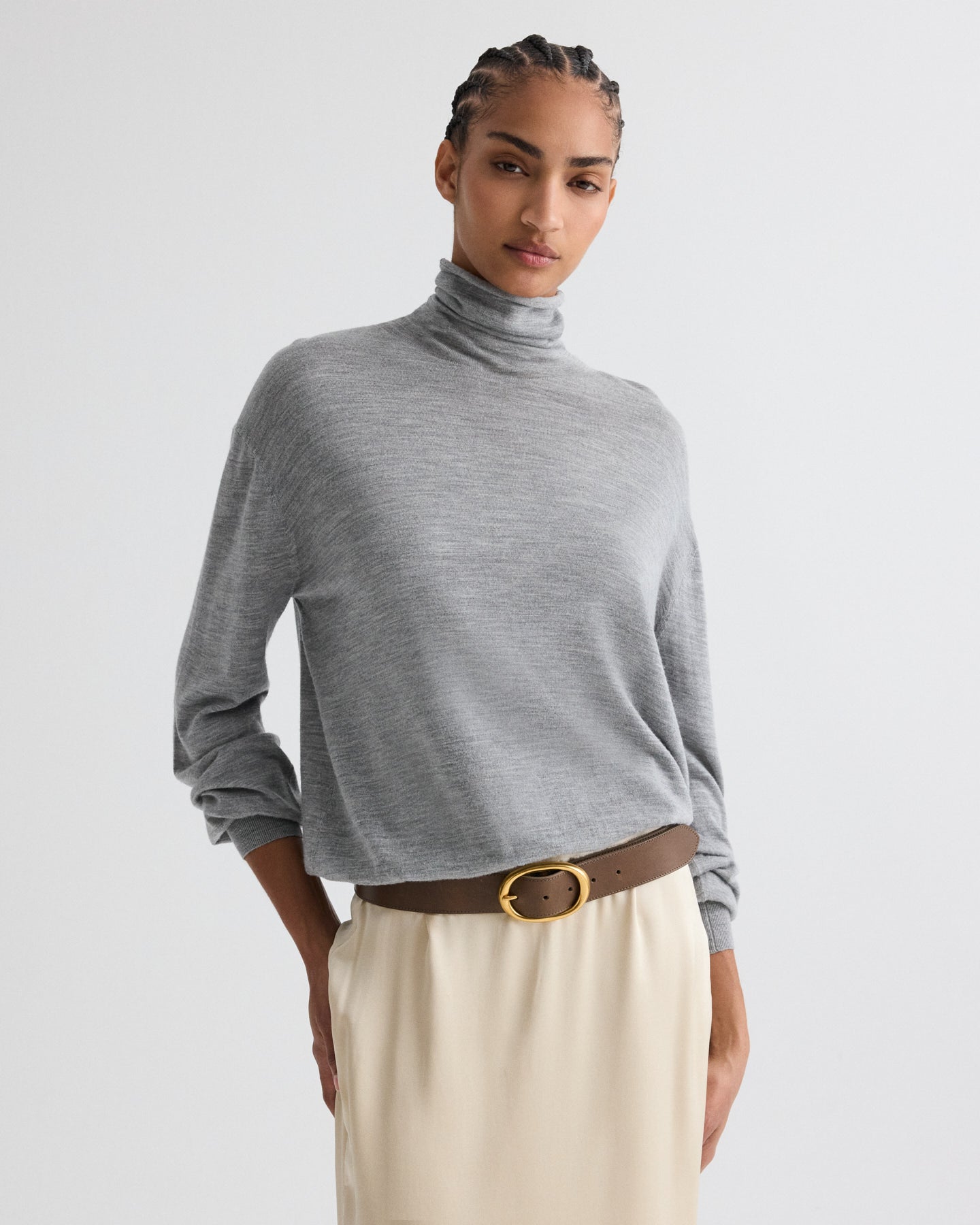 TWP Medium heather grey Easy Turtle Sweater in Fine Wool Silk view 2