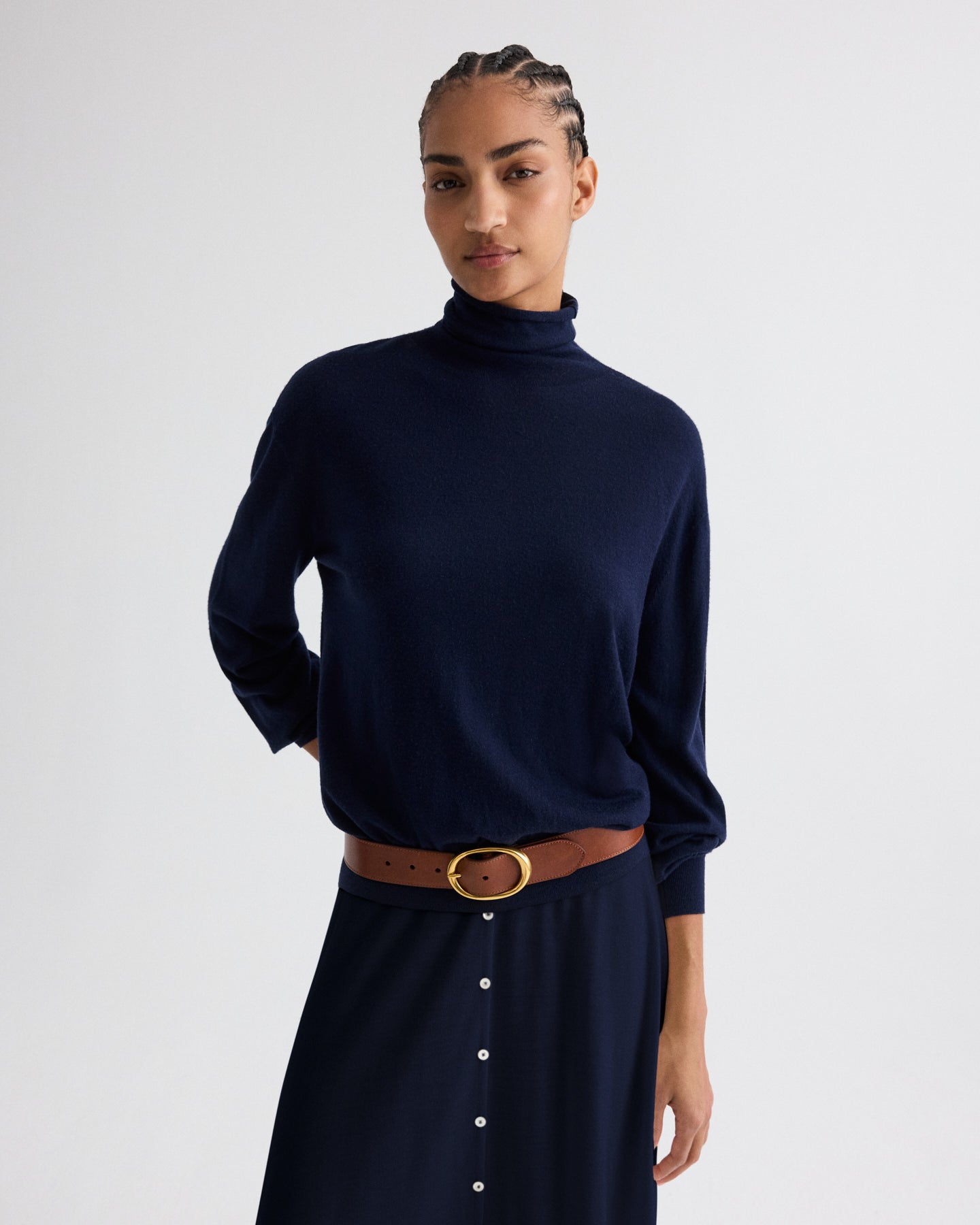 TWP Navy Easy Turtle Sweater in Fine Wool Silk view 1