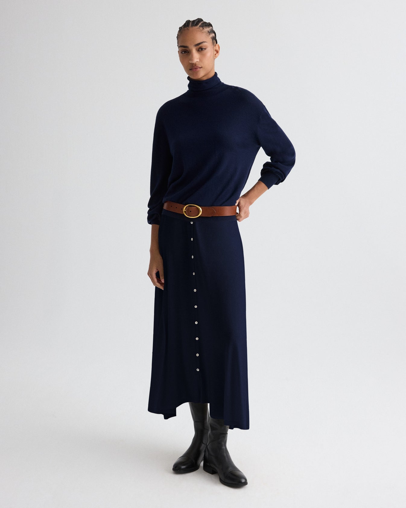 TWP Navy Easy Turtle Sweater in Fine Wool Silk view 3