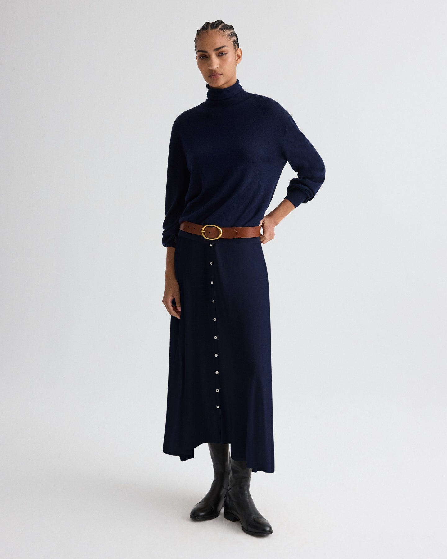 TWP Navy Easy Turtle Sweater in Fine Wool Silk view 3