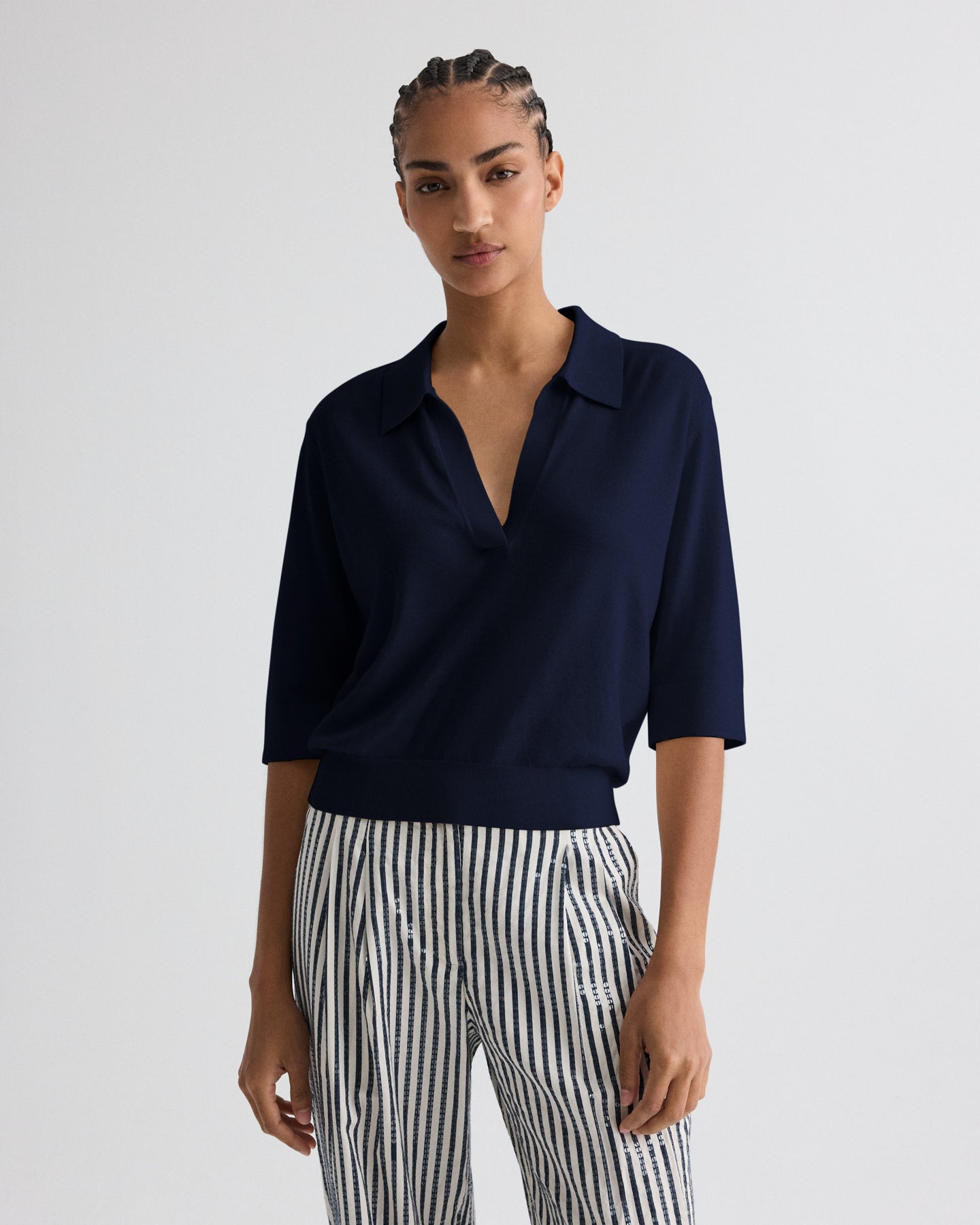 TWP Navy The Polo Sweater in Fine Wool Silk view 2