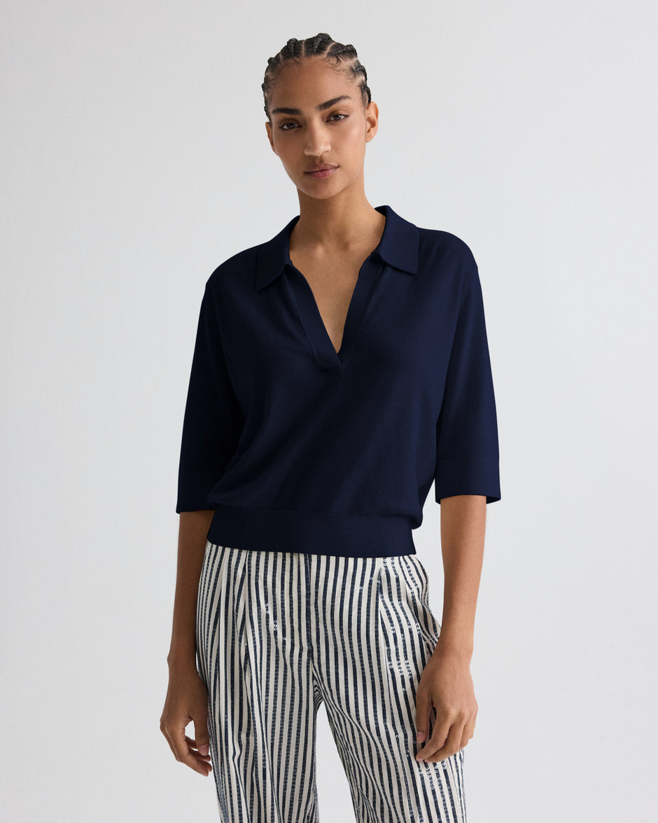 TWP Navy The Polo Sweater in Wool Silk view 2