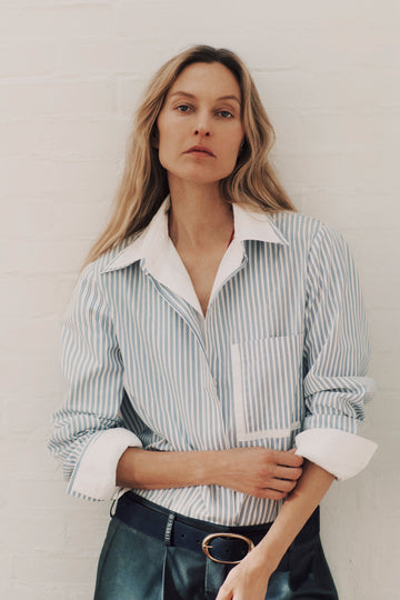 TWP White / navy Double Layer Boyfriend Shirt in Double Stripe Shirting view 1