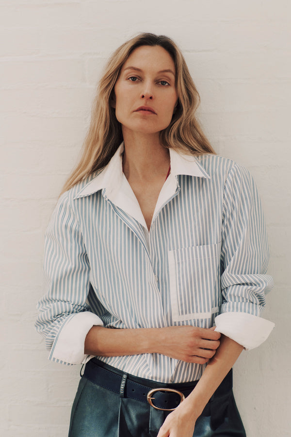 TWP White / navy Double Layer Boyfriend Shirt in Double Stripe Shirting view 6