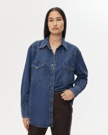 TWP Dark wash OG Supersized Ranchers Shirt in Denim Shirting view 1