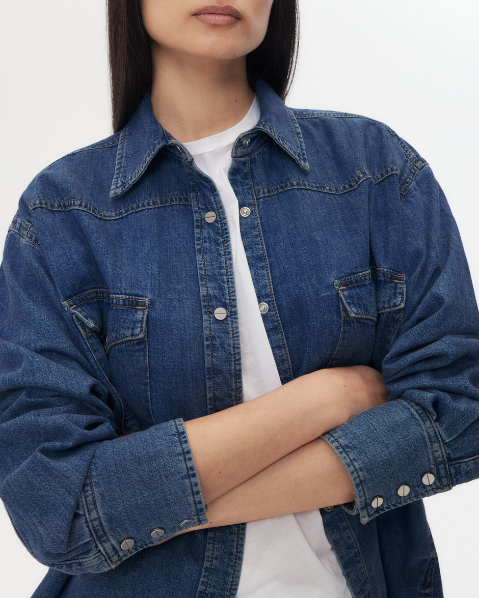 TWP Dark wash OG Supersized Ranchers Shirt in Denim Shirting view 2
