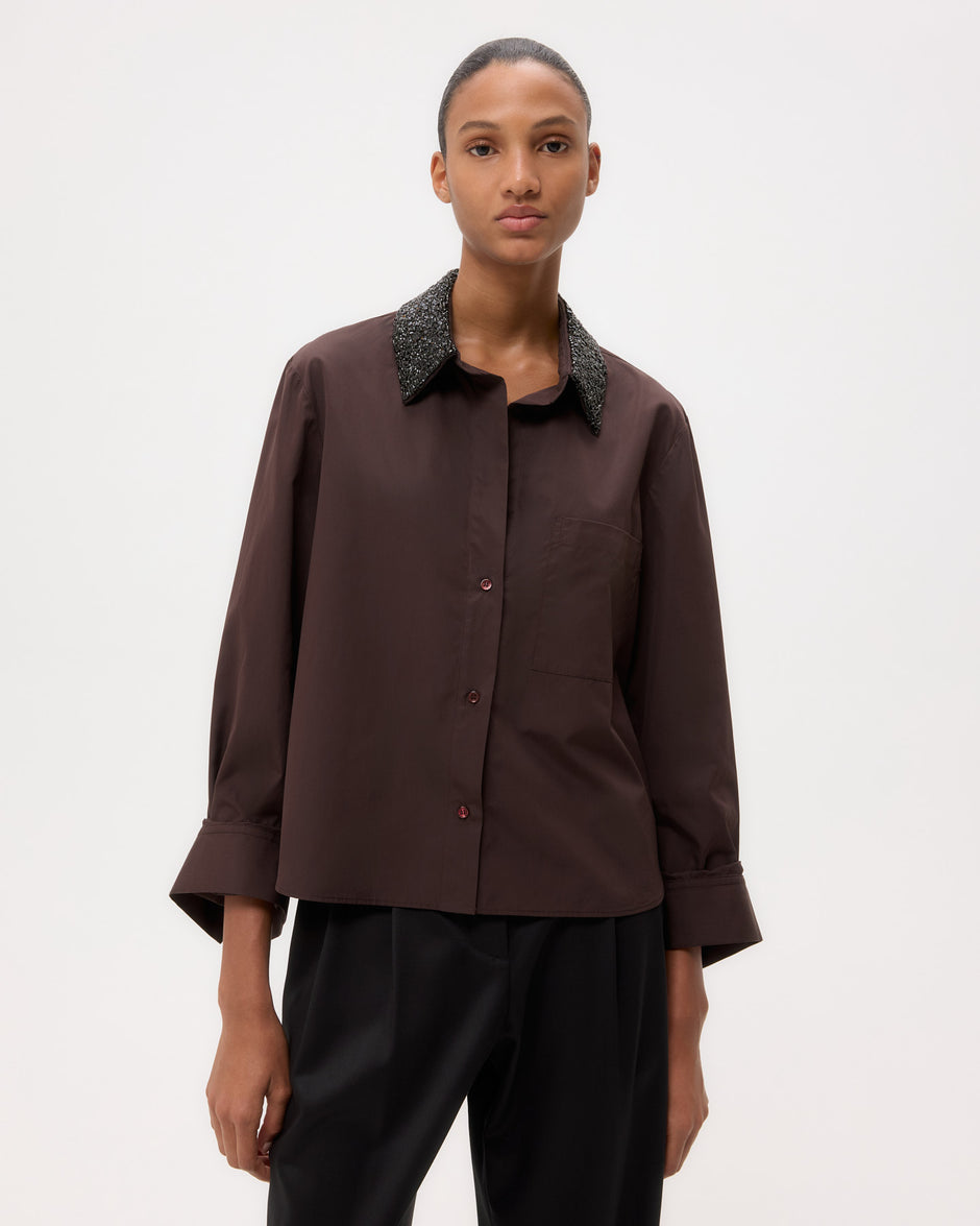 TWP Chocolate Dude Shirt With Crystal Collar in Super Compact Poplin view 1