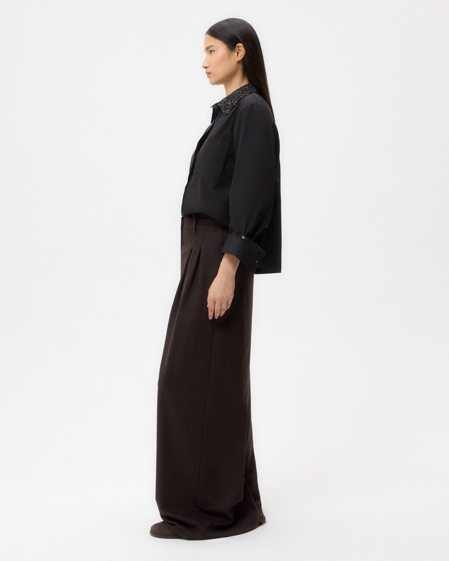 TWP Black Dude Shirt With Crystal Collar in Super Compact Poplin view 3