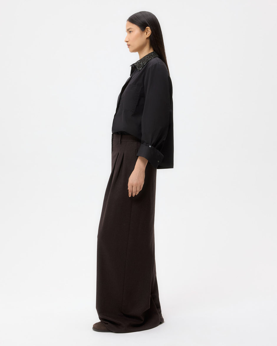 TWP Black Dude Shirt With Crystal Collar in Super Compact Poplin view 3