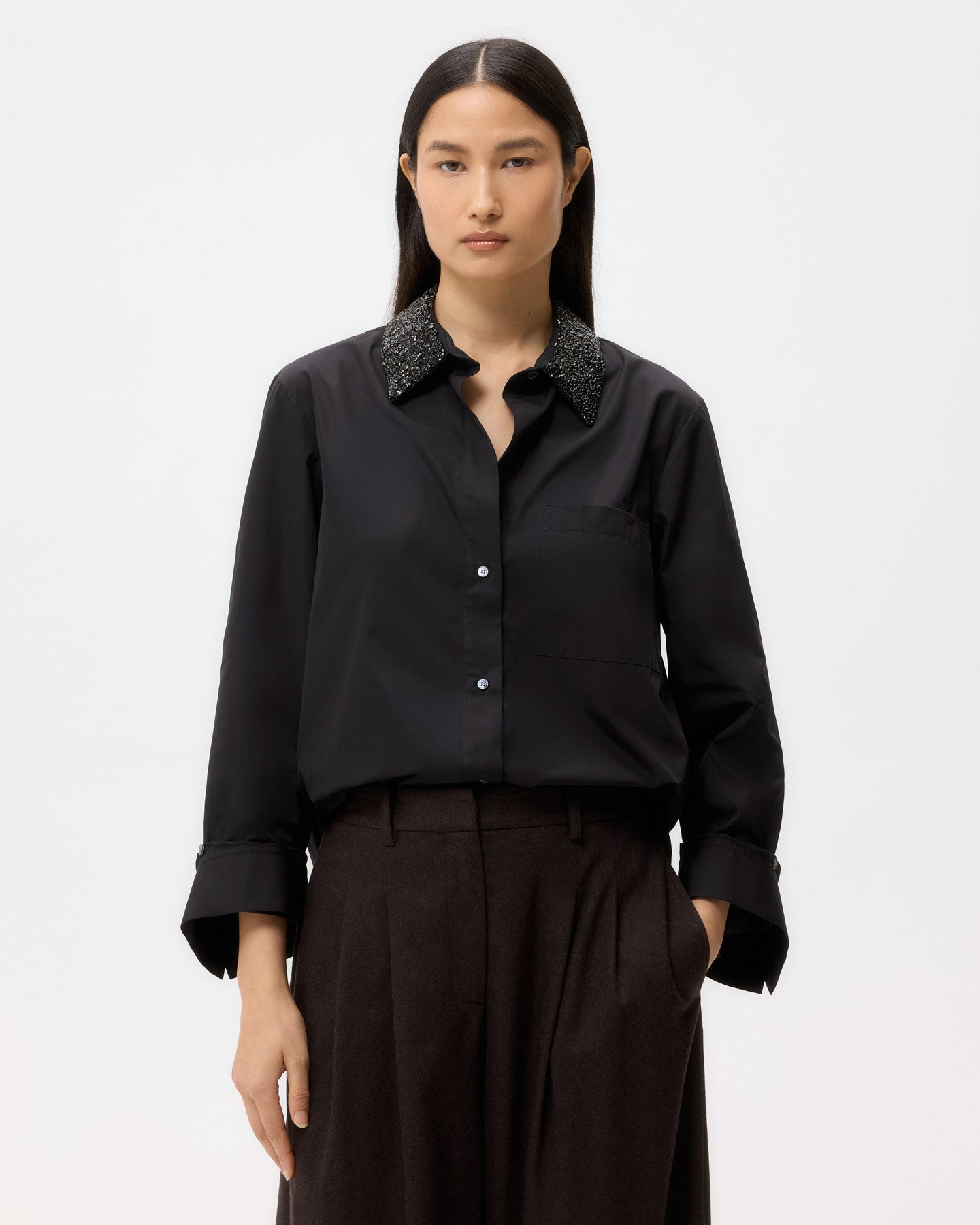TWP Black Dude Shirt With Crystal Collar in Super Compact Poplin view 1