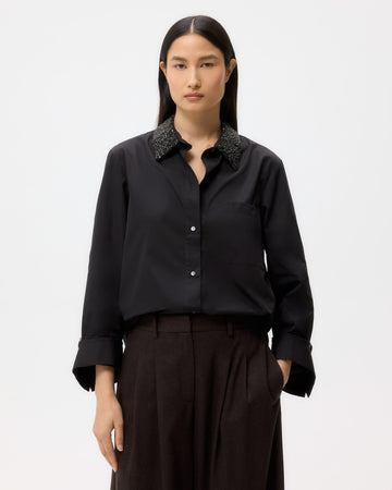 TWP Black Dude Shirt With Crystal Collar in Super Compact Poplin view 1