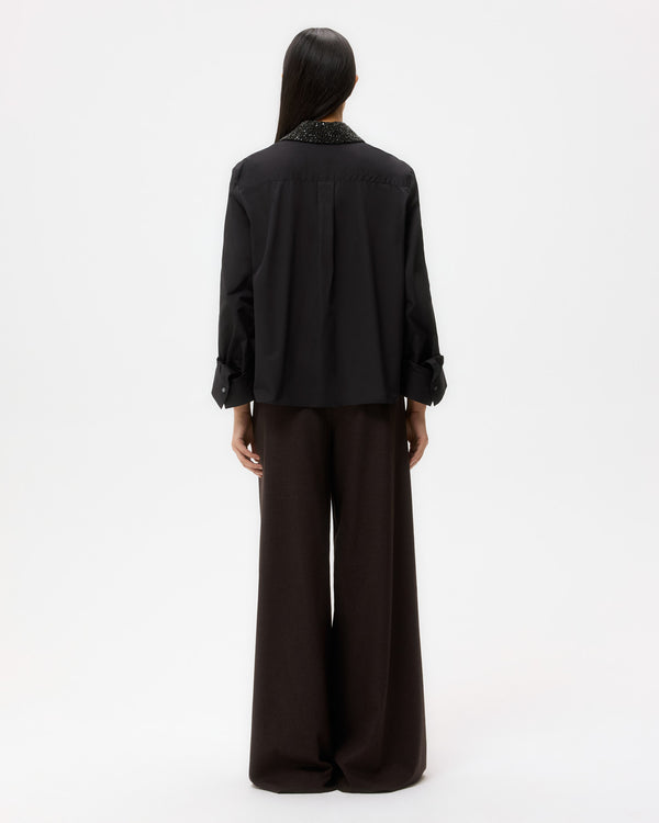 TWP Black Dude Shirt With Crystal Collar in Super Compact Poplin view 4