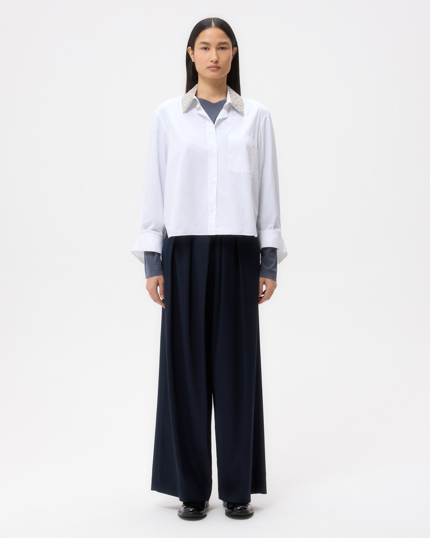 TWP White Dude Shirt With Crystal Collar in Super Compact Poplin view 6