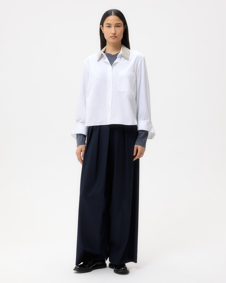 TWP White Dude Shirt With Crystal Collar in Super Compact Poplin view 3