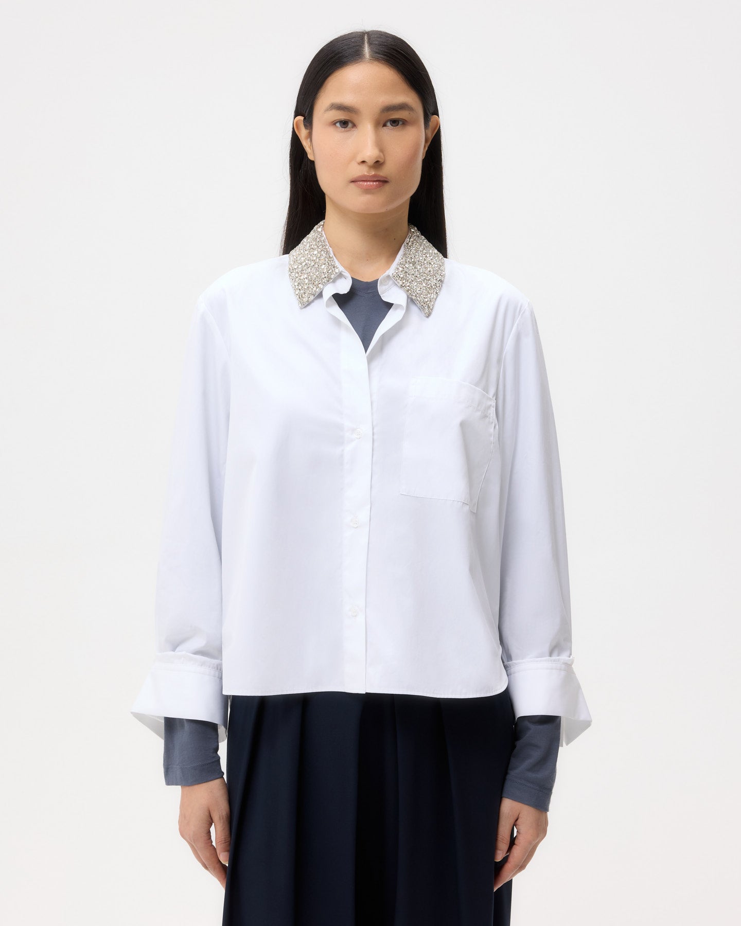 TWP White Dude Shirt With Crystal Collar in Super Compact Poplin view 2