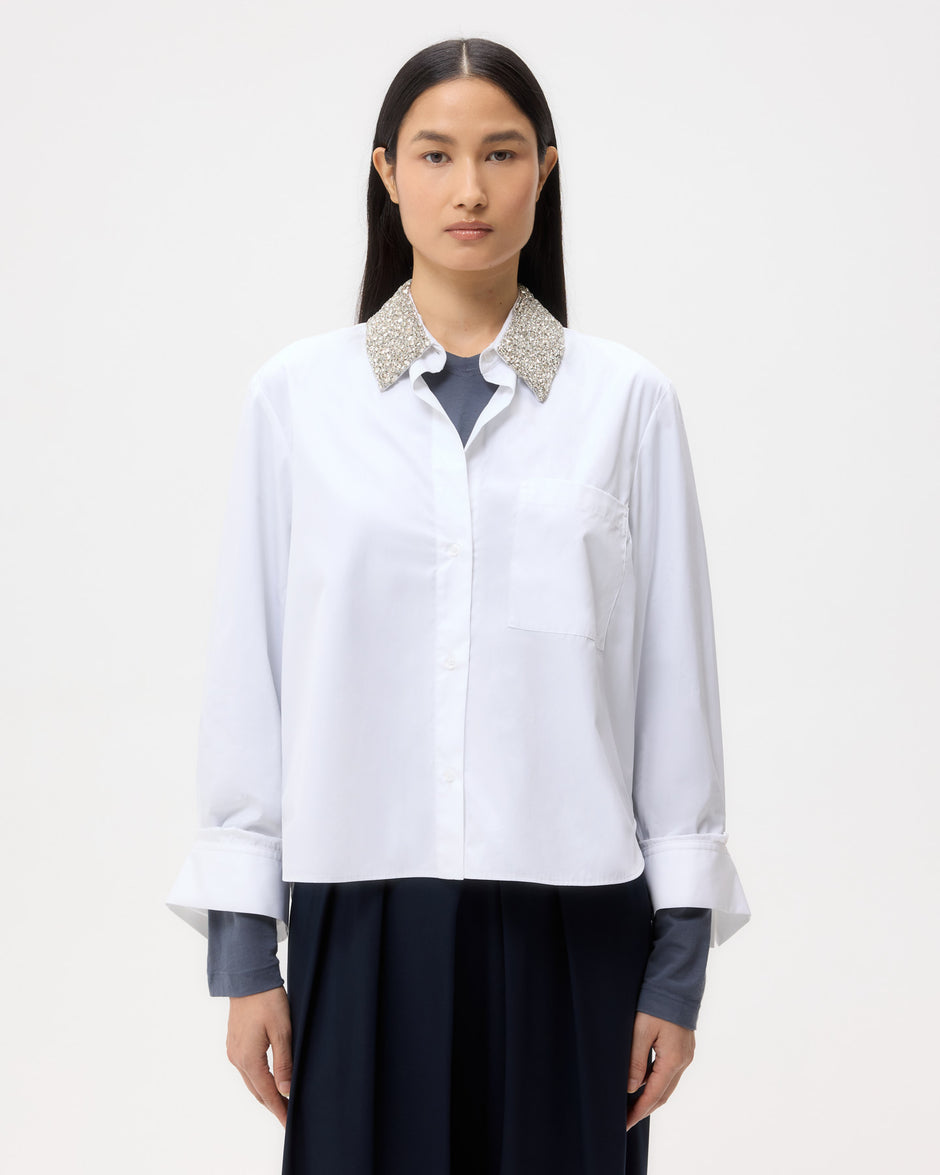 TWP White Dude Shirt With Crystal Collar in Super Compact Poplin view 2