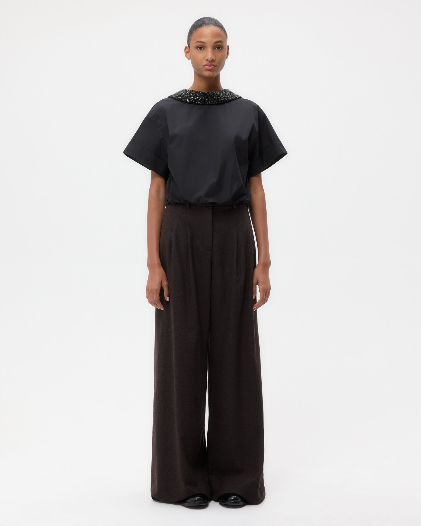 TWP Black Forever and Always Reversible Shirt With Crystal Collar in Cotton Poplin view 3