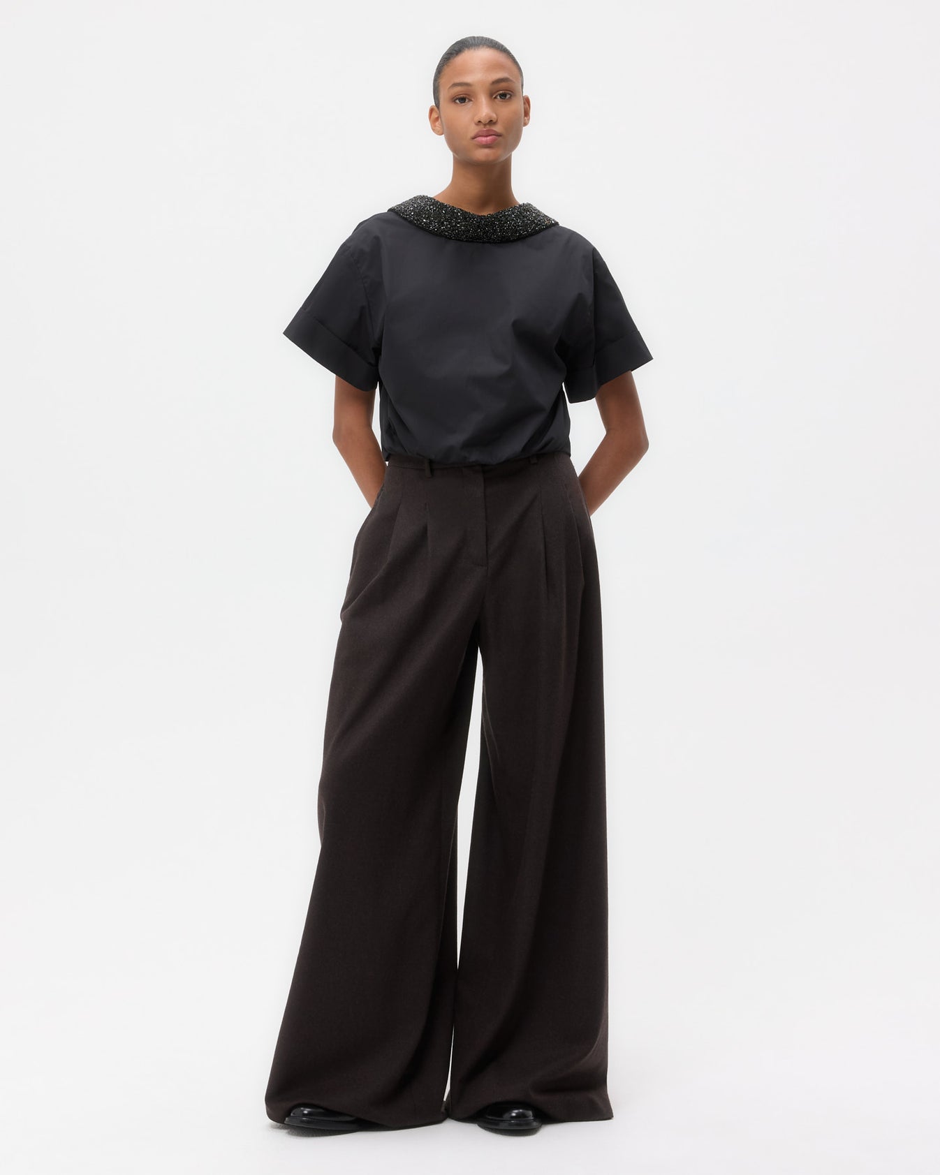 TWP Black Forever and Always Reversible Shirt With Crystal Collar in Cotton Poplin view 4