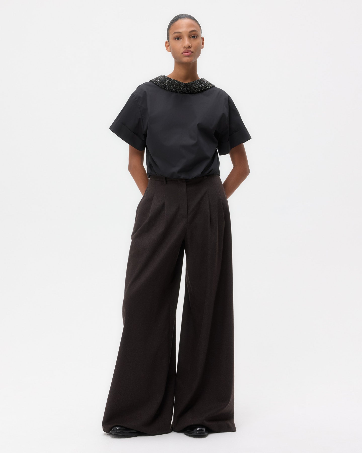 TWP Black Forever and Always Reversible Shirt With Crystal Collar in Cotton Poplin view 4