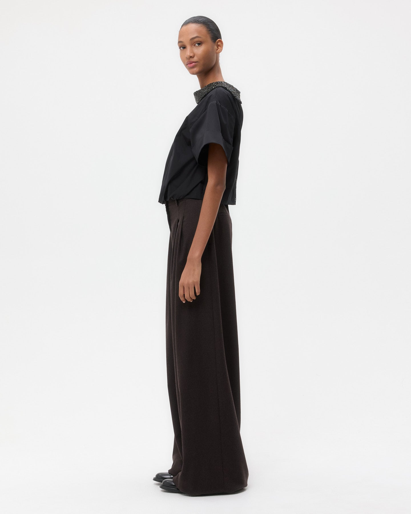 TWP Black Forever and Always Reversible Shirt With Crystal Collar in Cotton Poplin view 5