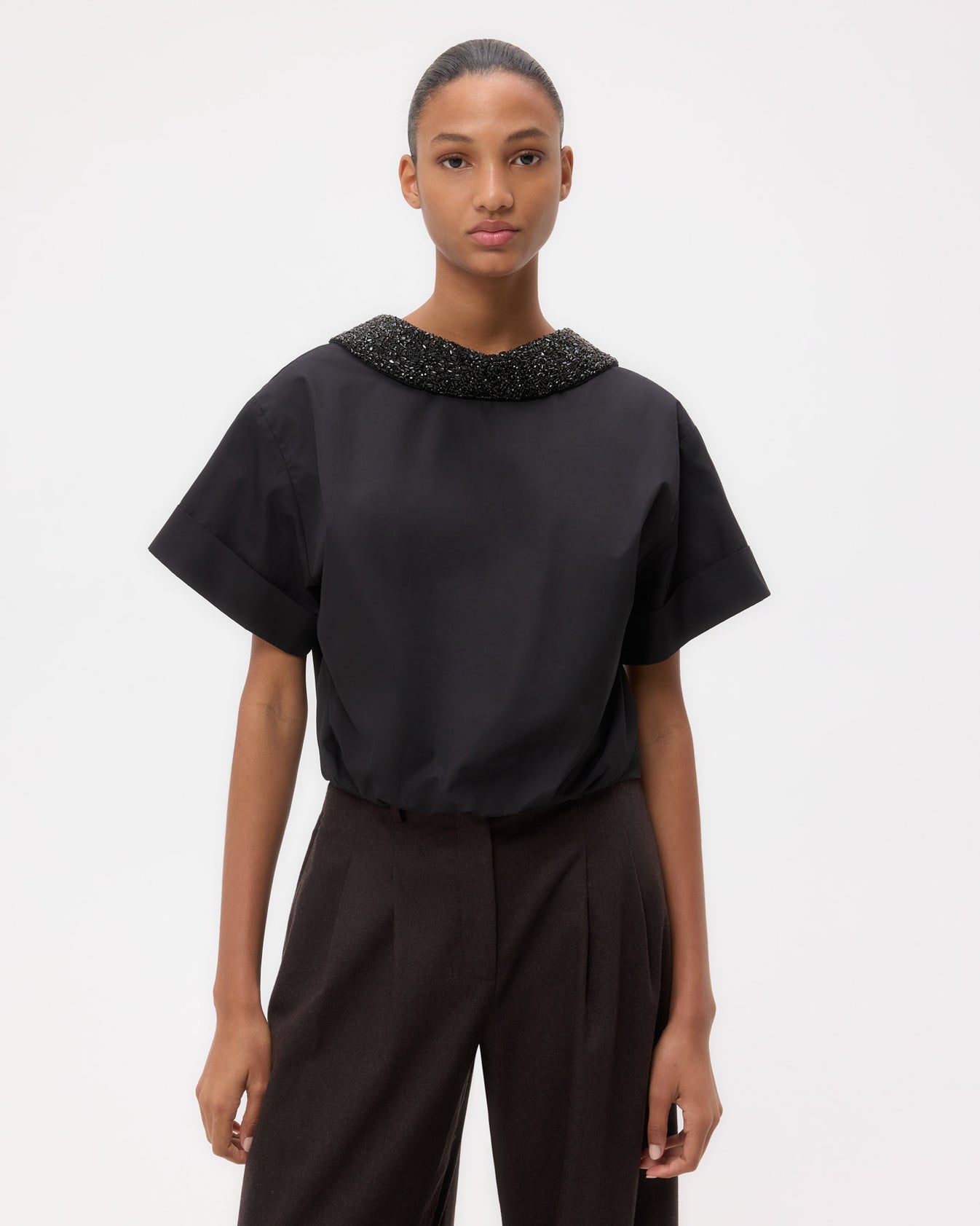 TWP Black Forever and Always Reversible Shirt With Crystal Collar in Cotton Poplin view 1