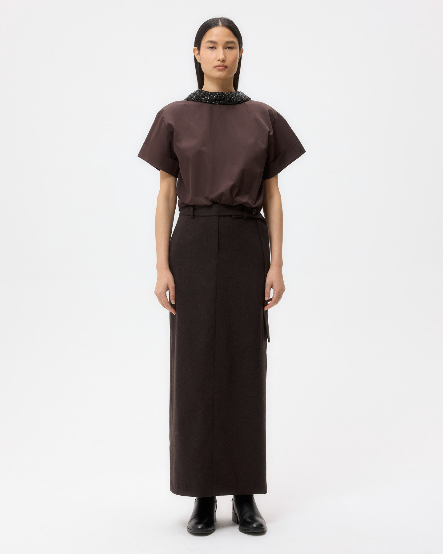 TWP Chocolate Forever and Always Reversible Shirt With Crystal Collar in Cotton Poplin view 6