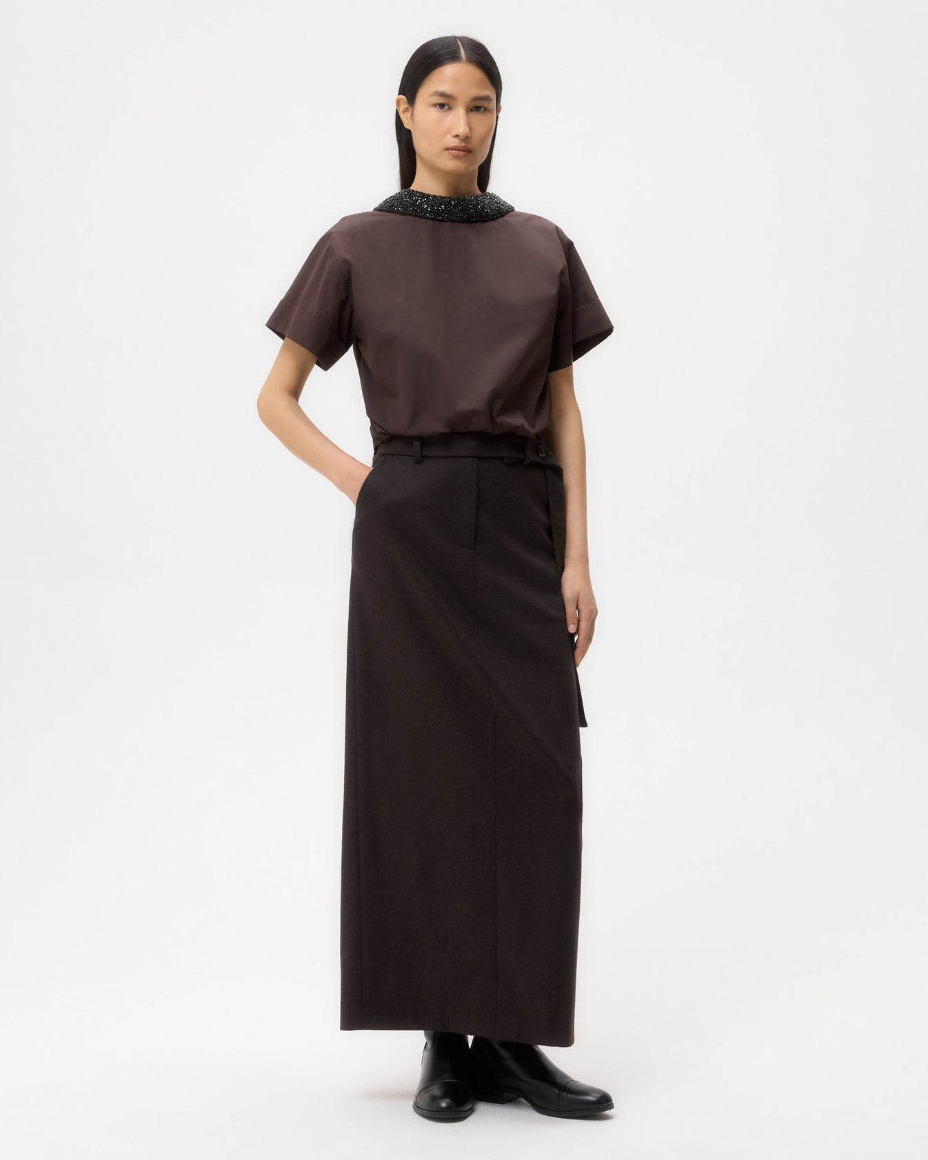 TWP Chocolate Forever and Always Reversible Shirt With Crystal Collar in Cotton Poplin view 1