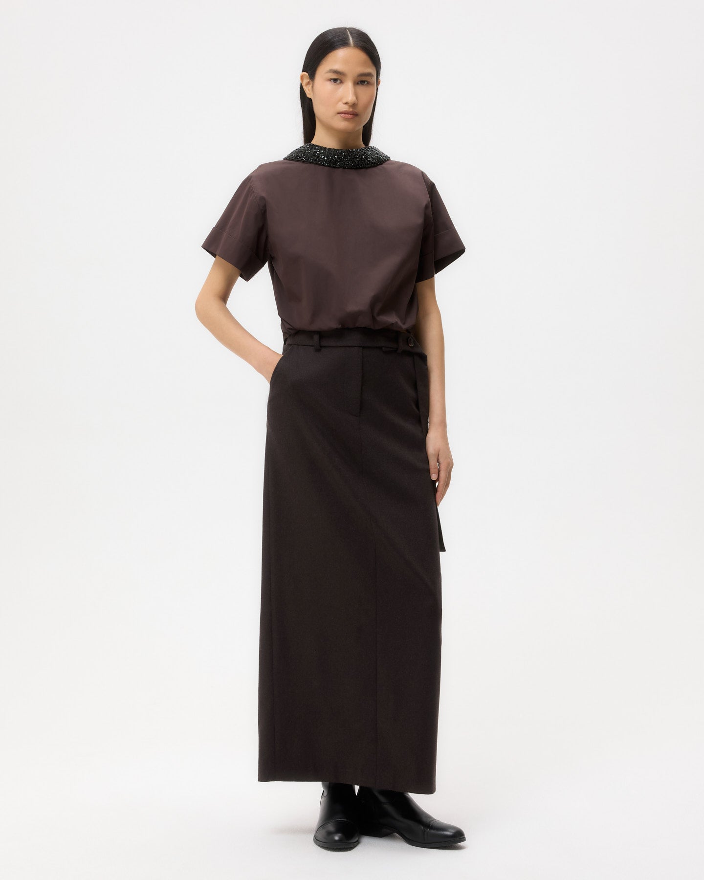 TWP Chocolate Forever and Always Reversible Shirt With Crystal Collar in Cotton Poplin view 1