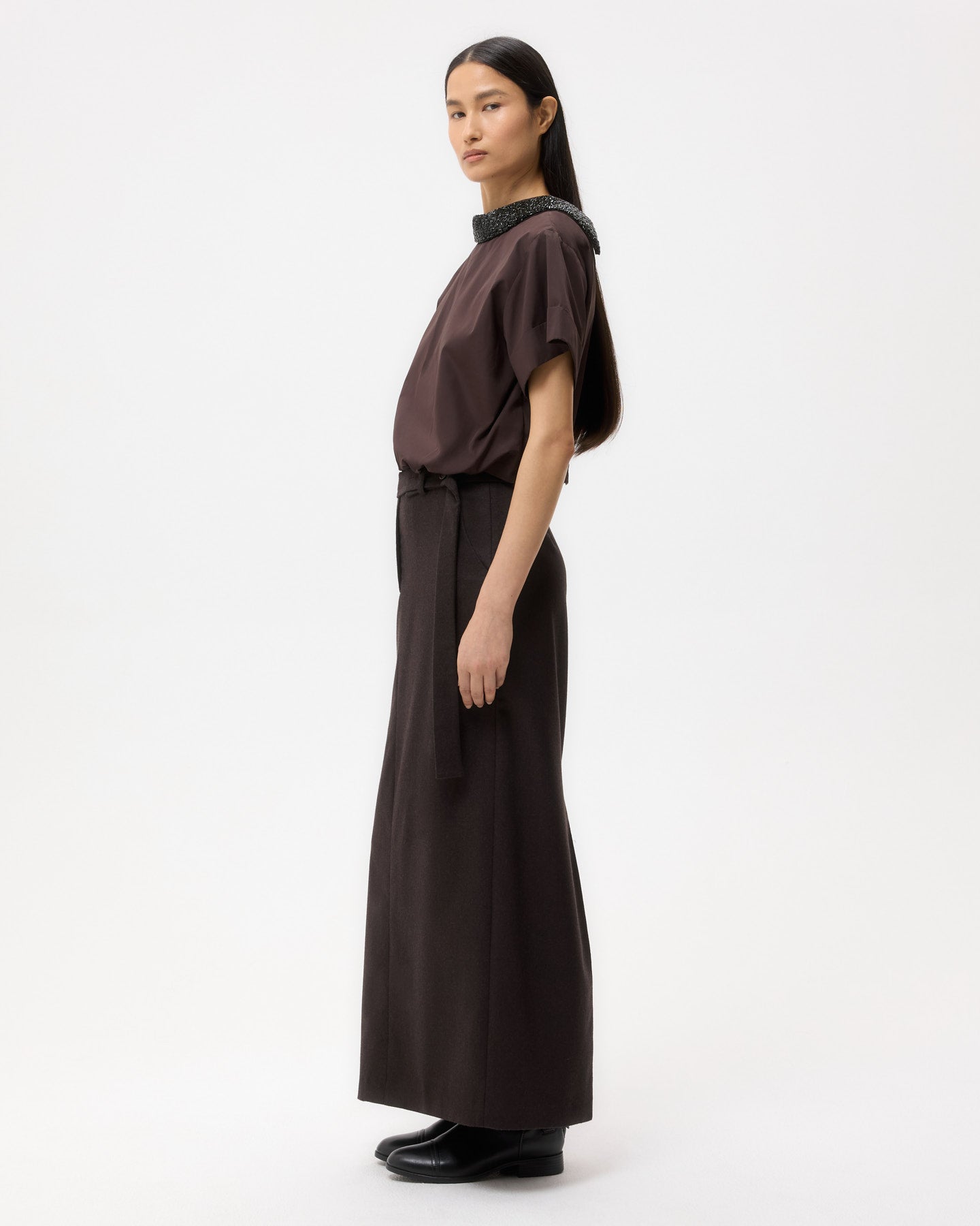 TWP Chocolate Forever and Always Reversible Shirt With Crystal Collar in Cotton Poplin view 5