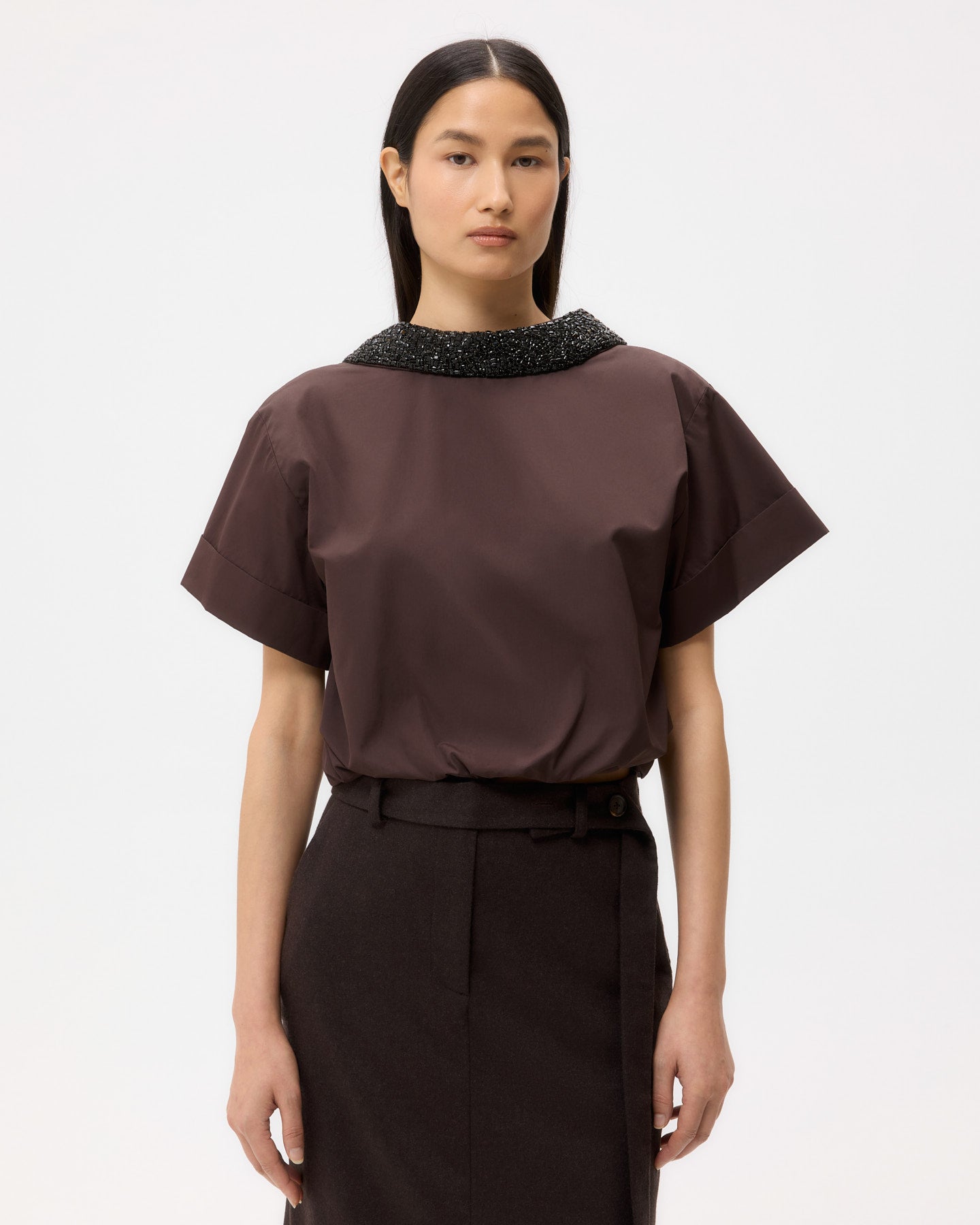 TWP Chocolate Forever and Always Reversible Shirt With Crystal Collar in Cotton Poplin view 2
