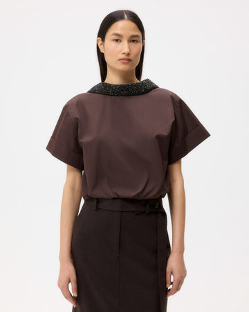 TWP Chocolate Forever and Always Reversible Shirt With Crystal Collar in Cotton Poplin view 2