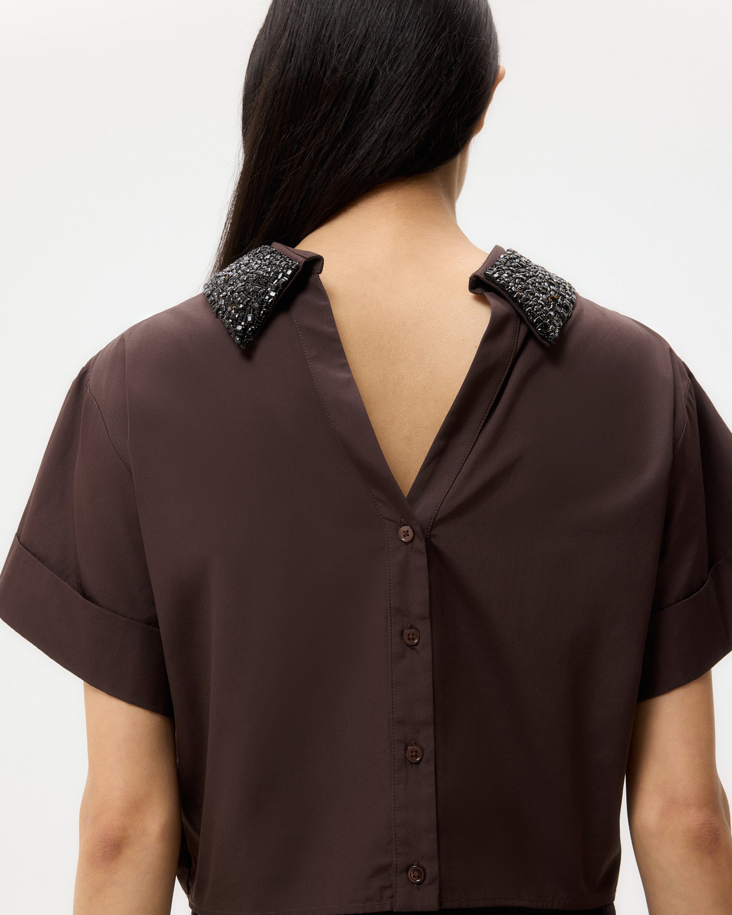 TWP Chocolate Forever and Always Reversible Shirt With Crystal Collar in Cotton Poplin view 3
