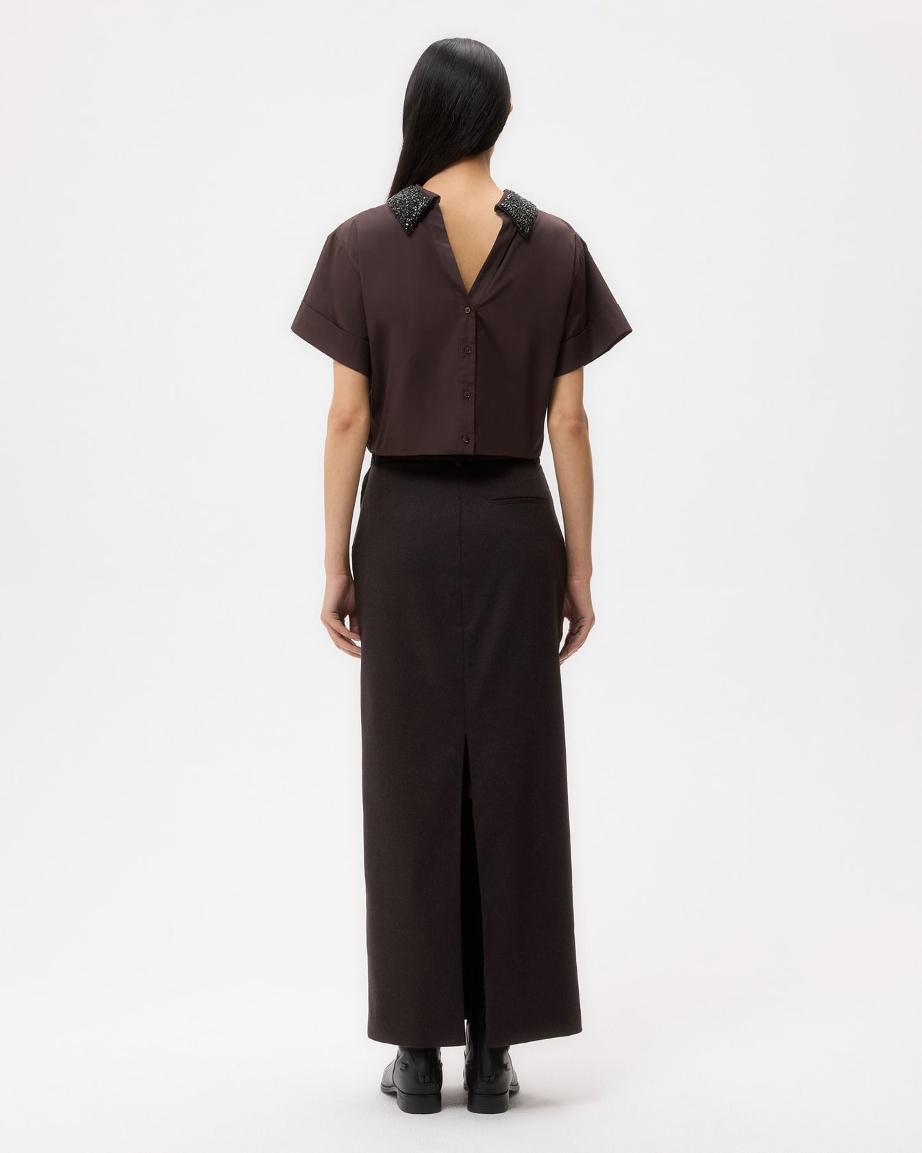 TWP Chocolate Forever and Always Reversible Shirt With Crystal Collar in Cotton Poplin view 4