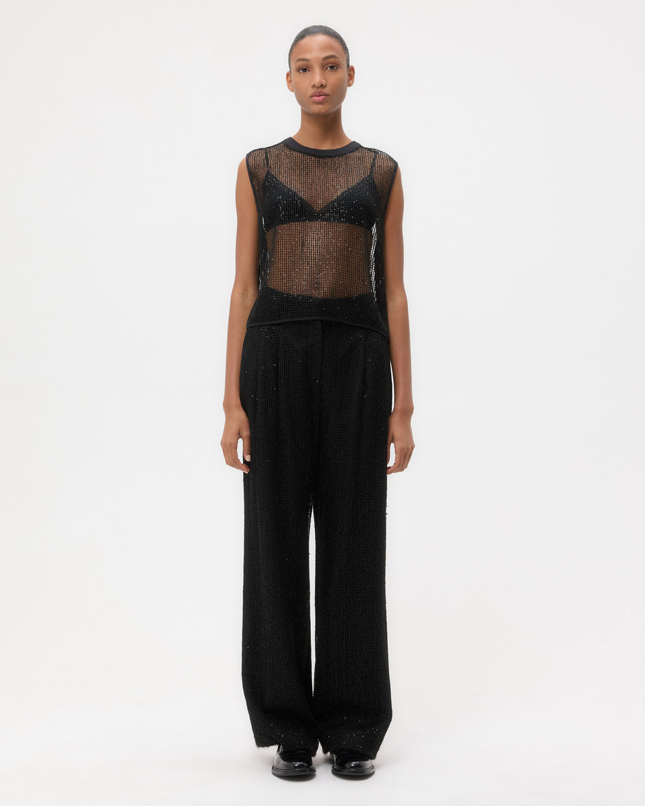 TWP Black Short Muscle Tank in Mini Sequin Netting view 6