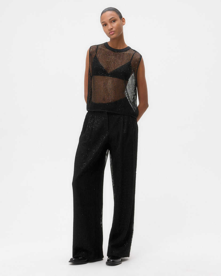 TWP Black Short Muscle Tank in Mini Sequin Netting view 1
