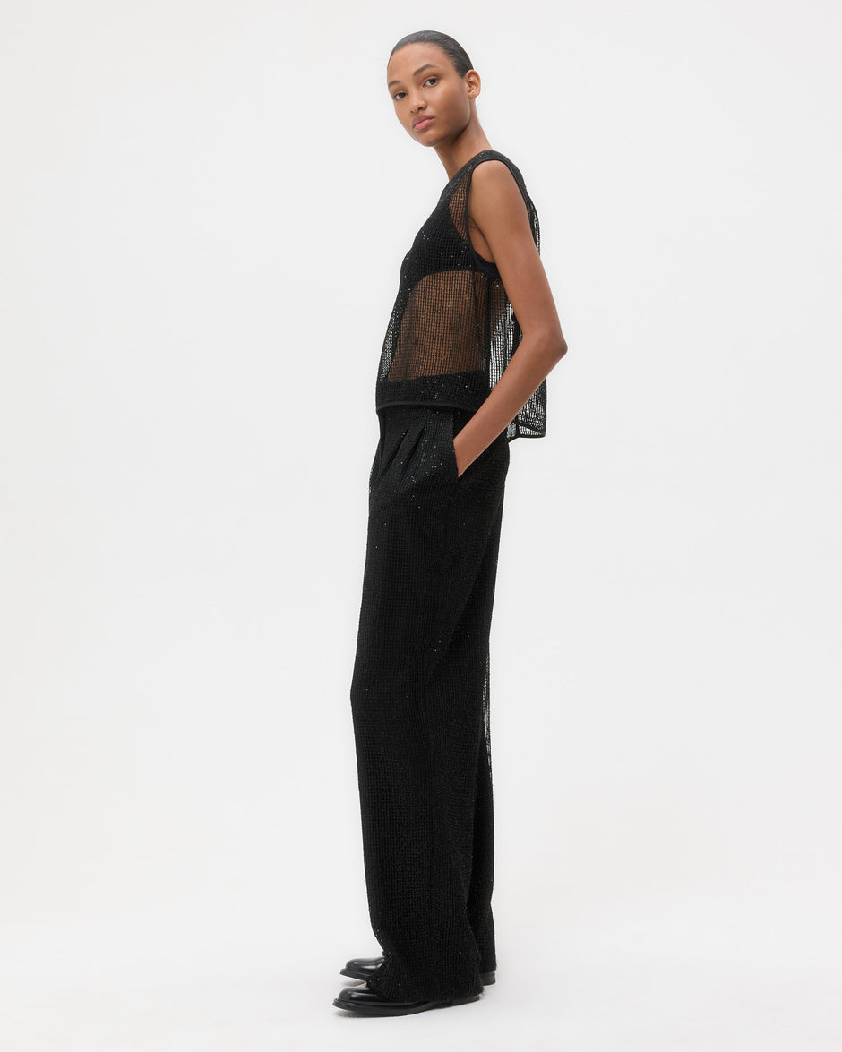 TWP Black Short Muscle Tank in Mini Sequin Netting view 4