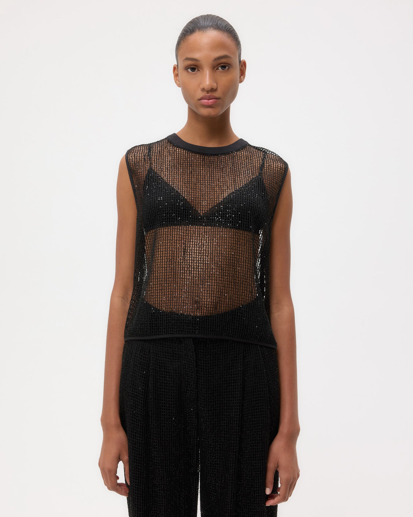 TWP Black Short Muscle Tank in Mini Sequin Netting view 3