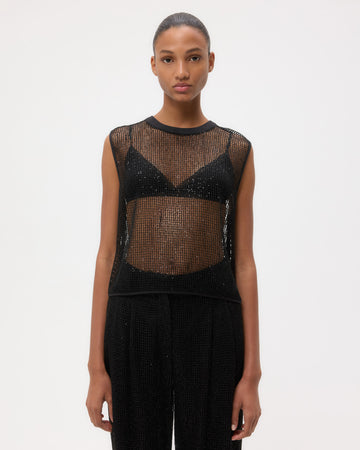 TWP Black Short Muscle Tank in Mini Sequin Netting view 3